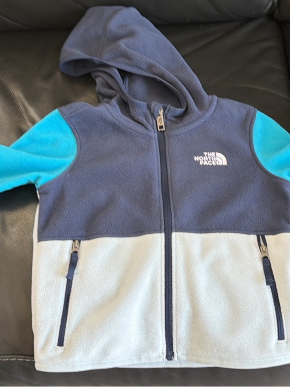 The North Face Kids Hooded Colorblock Fleece Jacket - Navy & Light Blue & Aqua